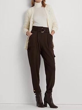 Lauren Ralph Lauren Belted Ponte Cargo Pant Size 12 Paperbag Waist Brown LRL